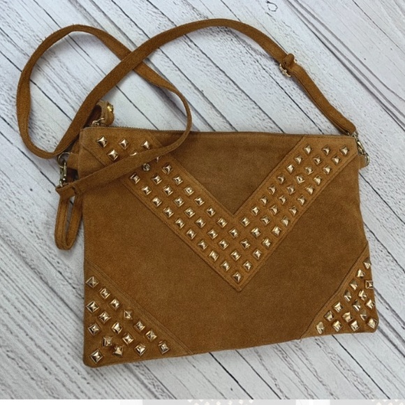 IBIZA Rockstar Suede Crossbody Bag Tan Gold Studs - Picture 6 of 7